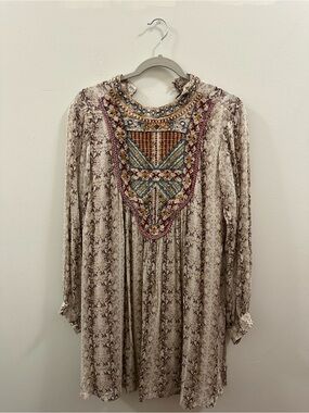 Boho Embroidered High-Neck Tunic Dress - Beige